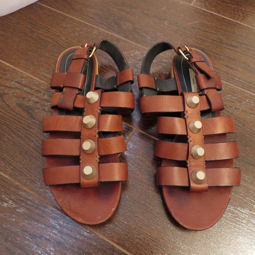 Balenciaga Brown Leather Gladiator Studded Sandals
